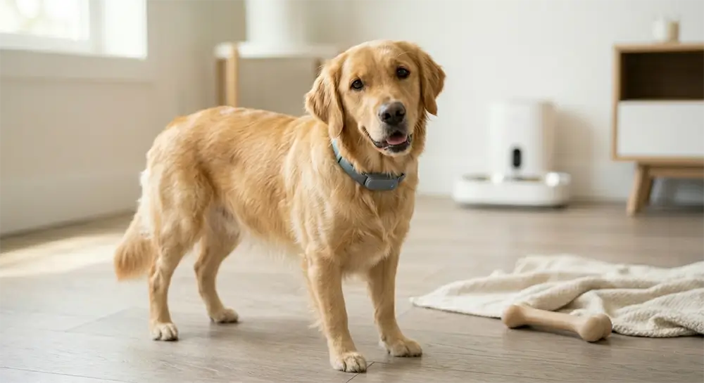 Adult Golden Retriever with smart tech collar and feeder on Scandinavian floor - SmartPetly Guide
