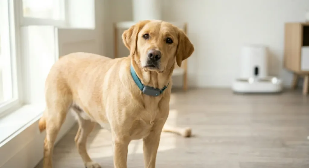 Adult Golden Retriever with smart tech collar and feeder on Scandinavian floor - SmartPetly Guide